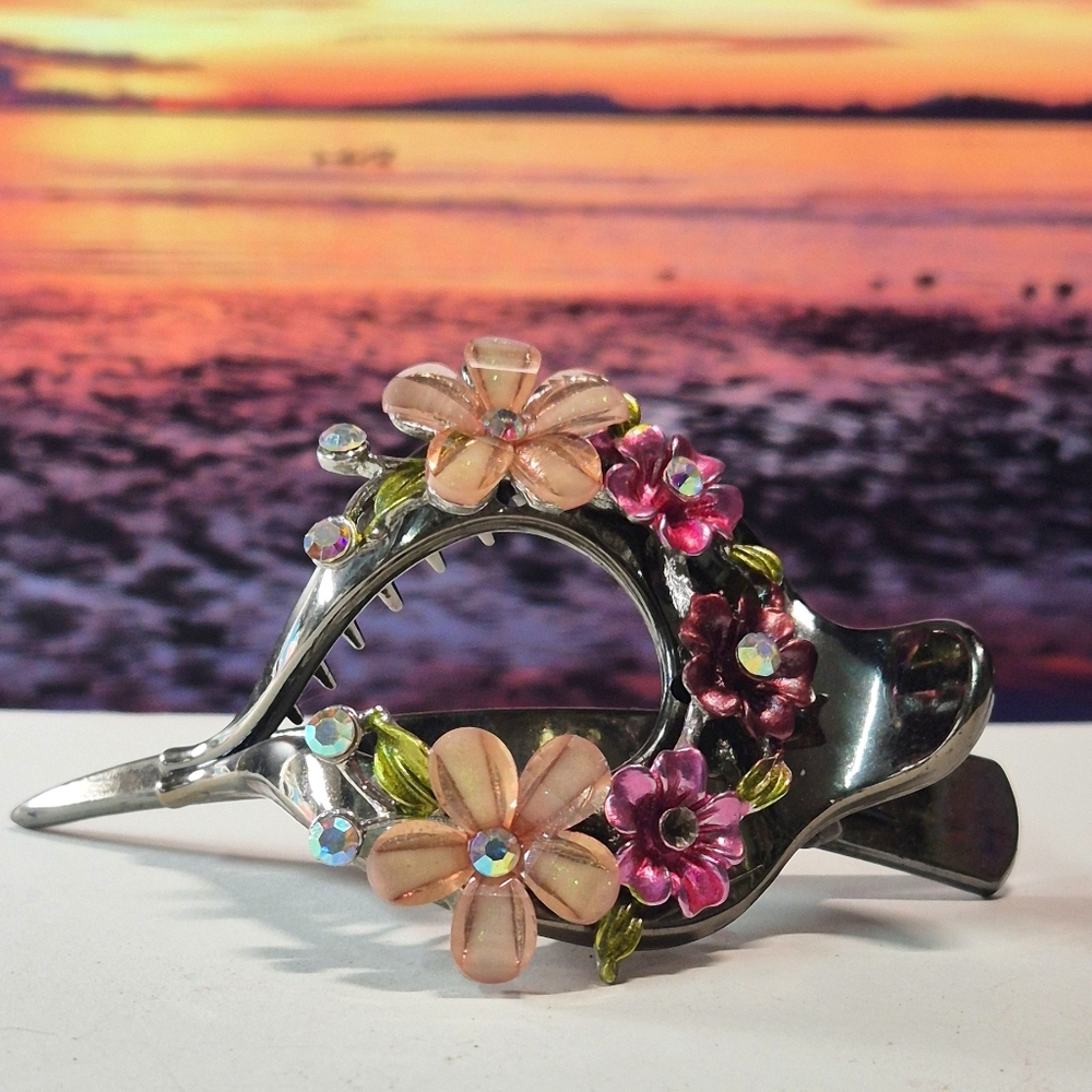 Flowers & Rhinestones Acrylic Hair Clip Clamp In Steel Gray Color